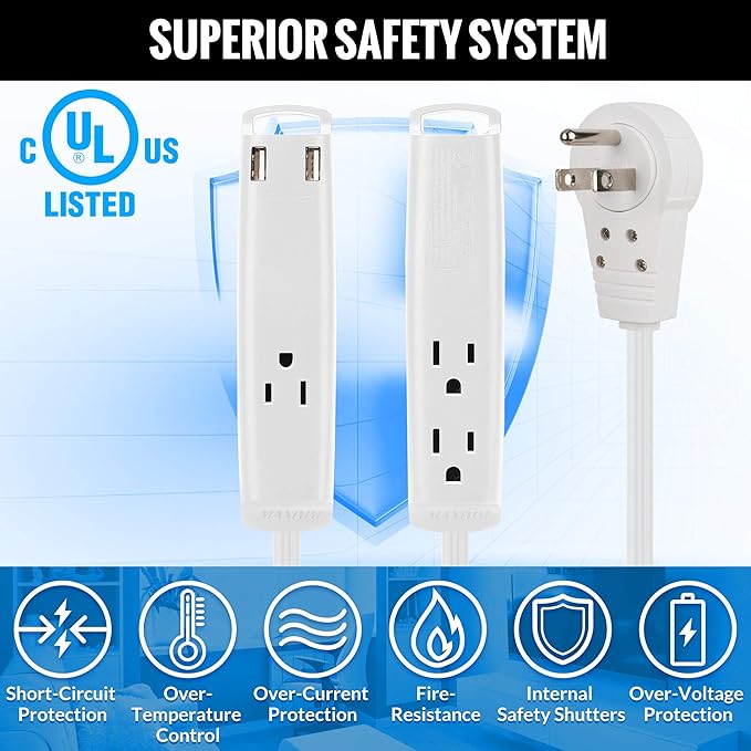 Extension Cord with USB Ports 12FT, 360° Rotating Flat Plug Extension Cord, 3-Outlet with USB Ports (2 Ports), 3 Prong Extension Cord, Grounded Extension Cord (White) UL Certified