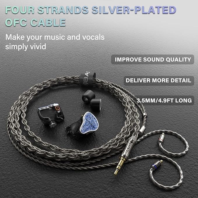 BASN Bmaster5 in Ear Monitors, 1DLC Diaphragm+4BA 5 Drivers IEM Earphones with Silver-Plated OFC Cable, Noise Isolation Wired Earbuds for Musicians (Baltic Blue)