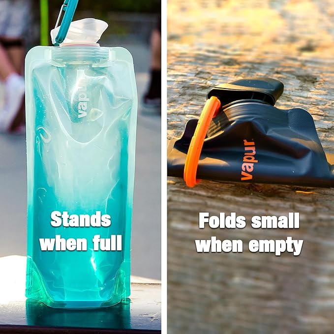 Vapur Collapsible Water Bottle With Carabiner, Compact Bottle Folds Flat For Hydration On The Go, Ideal for Traveling, Hiking or Camping, 23 Ounce, Malibu Teal, Pack of 2