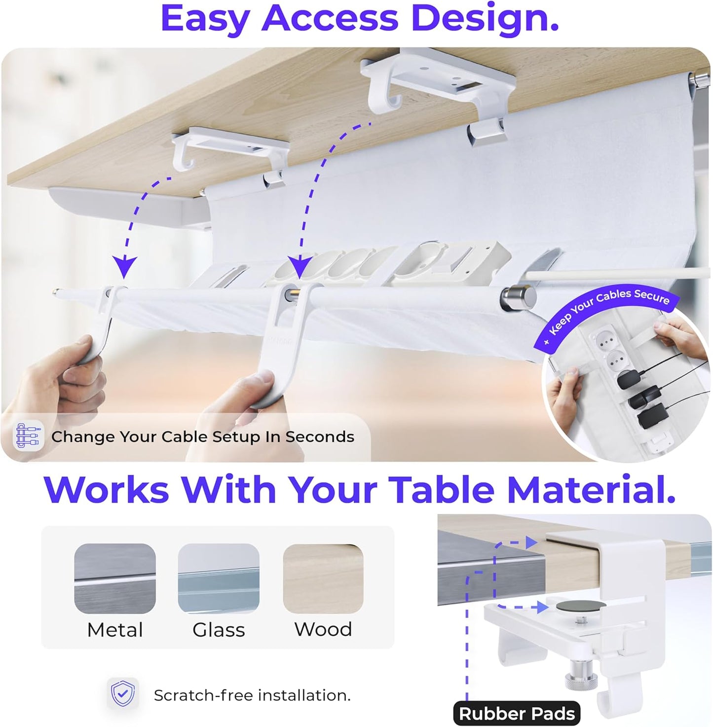 Original No Drill Under Desk Cable Management Tray 27.3" - Premium White Fabric Cable Management Under Desk - Clamp/Screw Mount Cord Organizer - Supports Upto 66lbs