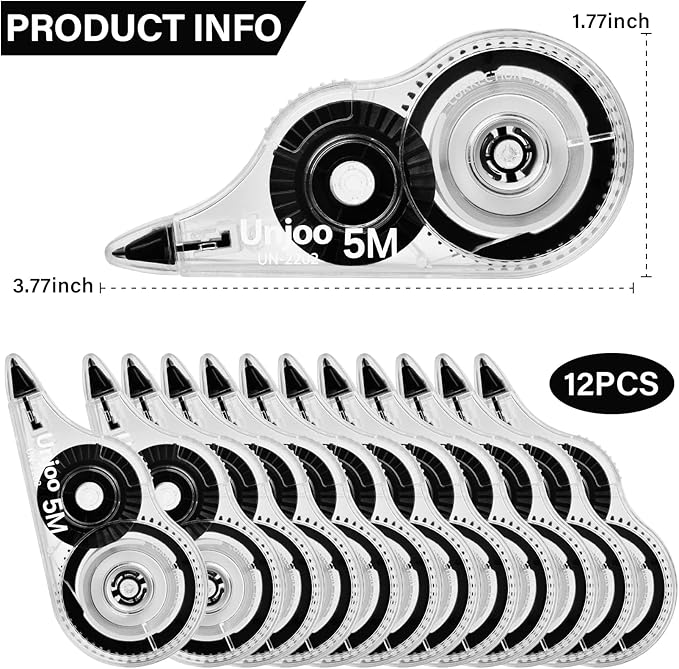White Correction Tape, Easy To Use Applicator for Instant Corrections Wrong Writing At Any Time, For school, Office (12pack, 5M/196" x 0.2", Black)