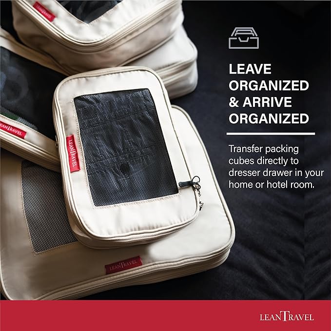 LeanTravel Compression Packing Cubes for Travel Organizers with Double Zipper (3-Pack (2L+1M), Sand)