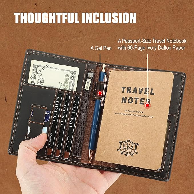 STAR VISTA Phoenix Leather Passport Holder, Cowhide Leather Travel Wallet - RFID Blocking, ID Window, Zipper Pocket, Pen & Notebook Included, AirTag Holder, Dark Chocolate