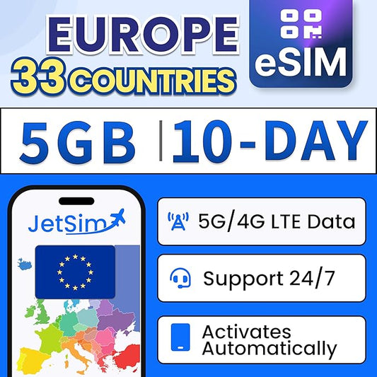 Europe eSIM | 10-Day Plan | 5GB High-Speed Data + Unlimited Basic Data | Europe SIM Card for International Roaming & 4G Travel Use