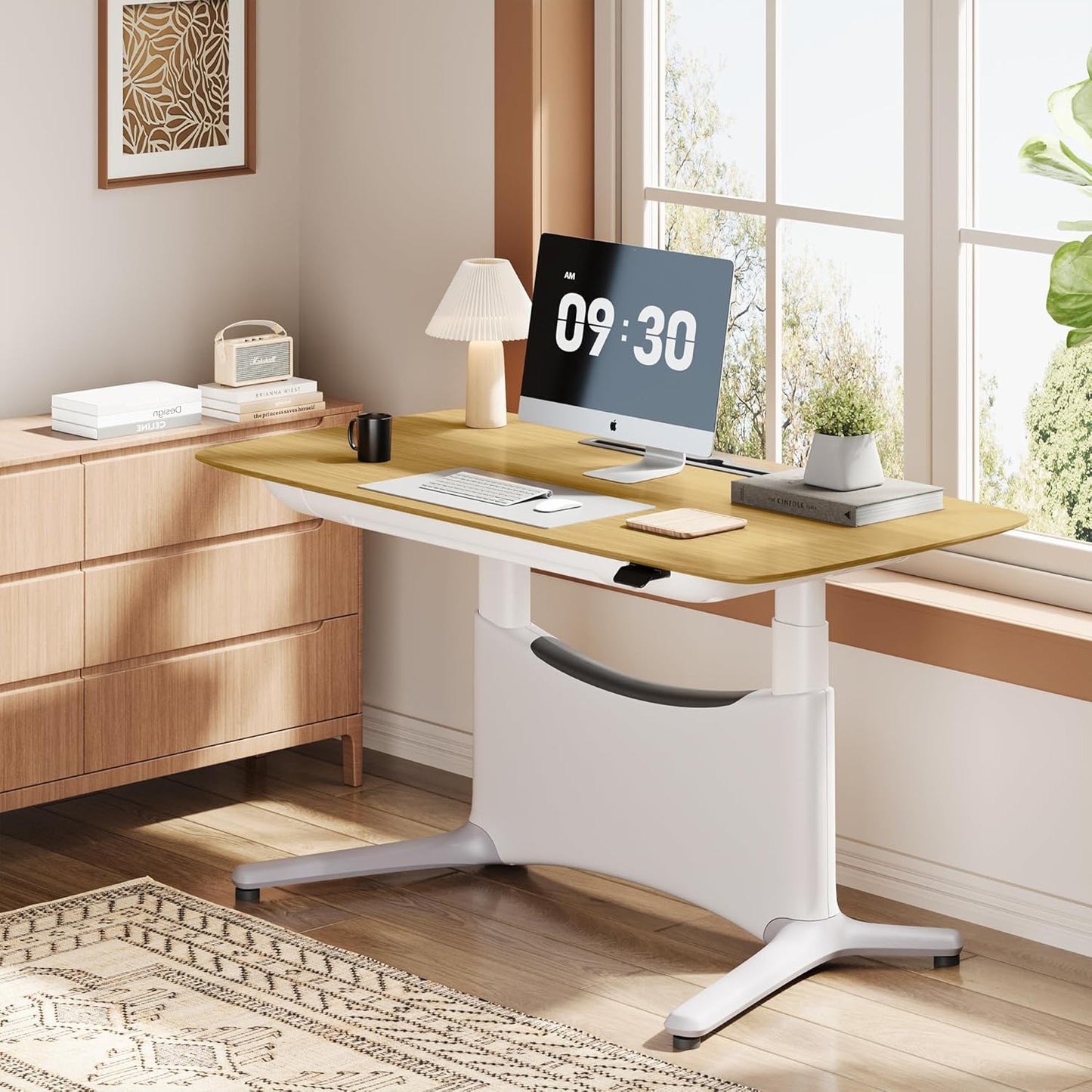 COLAMY Electric Standing Desk, Whole-Piece Gaming Desk with Dual Motors, Ergonomic Footrest, Drawers for Storage, Adjustable Height Sit-Stand Desk for Home Office (Veneer Desktop, Oak + White)