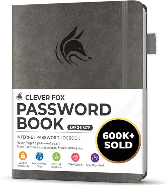 Clever Fox Password Book with alphabetical tabs. Internet Address Organizer Logbook. Large Password Keeper for Website Logins (Gray)
