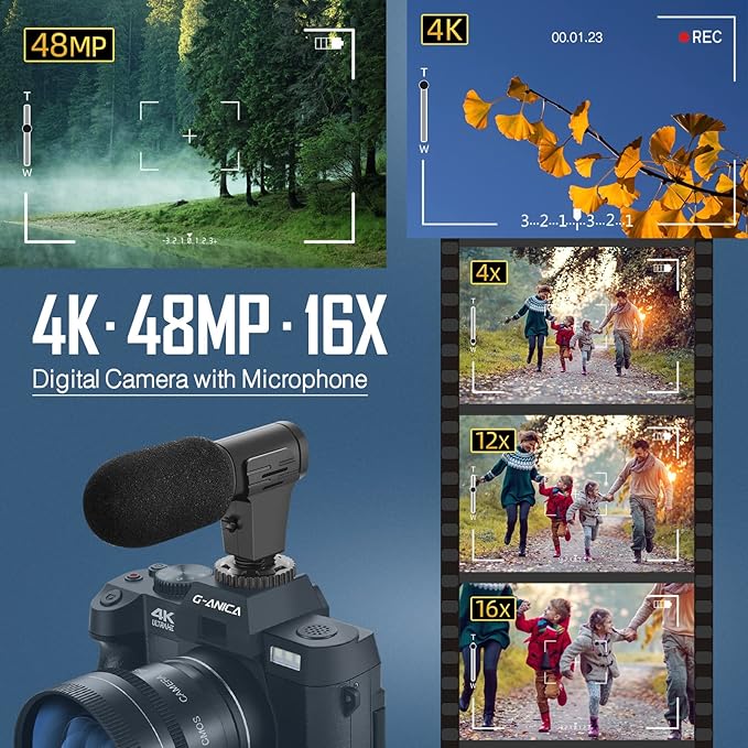 TURE 4K Digital Cameras for Photography, 48MP Vlogging Camera for YouTube with Microphone, WiFi and Tripod Grip, Video Camera with Wide-Angle&Macro Lens, Content Creator Kit & Travel Camera