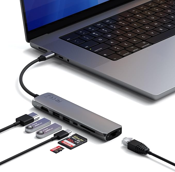 Satechi 7 in 1 USB C Hub Multiport Adapter with Ethernet, HDMI 4K@60Hz, 100W PD Charging, 2X USB-A Data Ports, Micro/SD Card Readers for MacBook Air/Pro M4, iPad, Windows - Space Gray