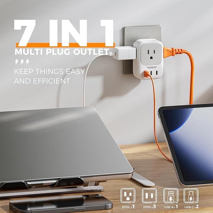 USB Wall Charger, TESSAN Outlet Splitter with 4 AC Outlets Extender and 3 Charger (2 USB C Blocks), Multi Plug Expander Charging Station for Cruise, Home, Office, Dorm Room Essentials