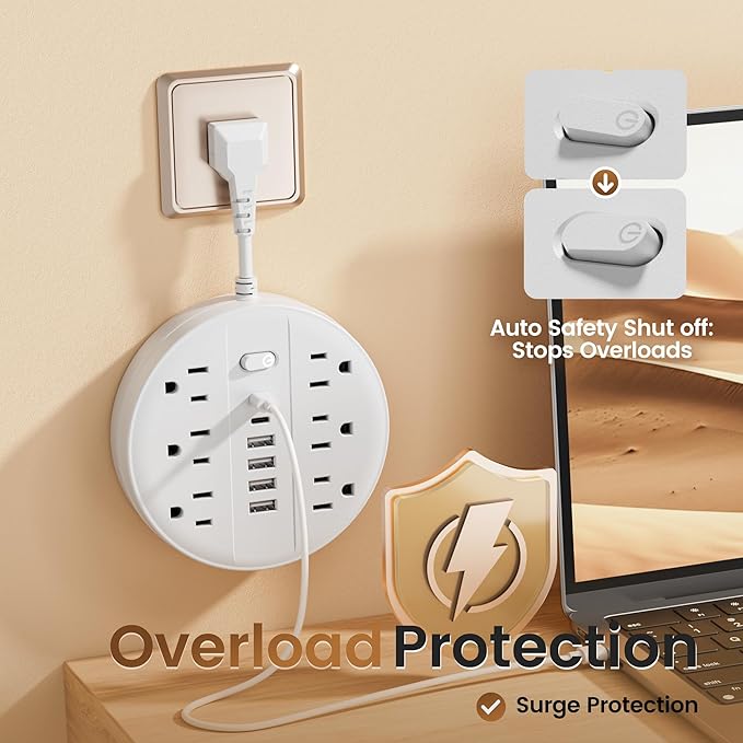 Flat Plug Power Strip Surge Protector, Chiefway Outlet Extender with Multiple Outlets, 6 AC Outlets, 4 USB Ports, 2 USB C & On/Off Switch, Short Extension Cord for Home Room Dorm Essentials, Travel RV