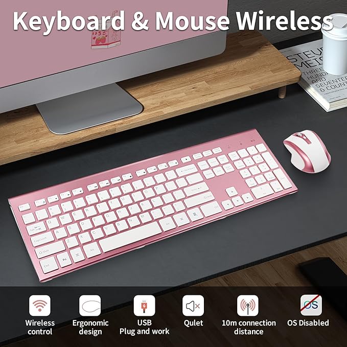 Wireless Keyboard and Mouse Combo 17inch Full Size 2.4G USB Ergonomic Slim Wireless Keyboard for PC Laptop Tablet Desktop Computer Windows Pink (Rose Gold)