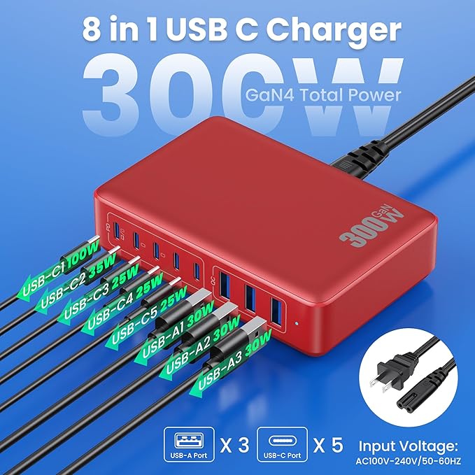 USB C Charger 300W USB C Charger Block, 8-Ports GaN IV Fast Charging Station Hub,PD 100W Laptop Charger Adapter,for MacBook Pro/Air/iPad/iPhone16/15/14/Apple Watch/DELL/Samsung for Home Office