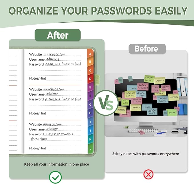 SUNEE Password Keeper Book with Colorful Alphabetical Tabs, Small Pocket Password Book for Internet Website Address Login, Gifts for Home and Office, 4''x 6''- Sage Green
