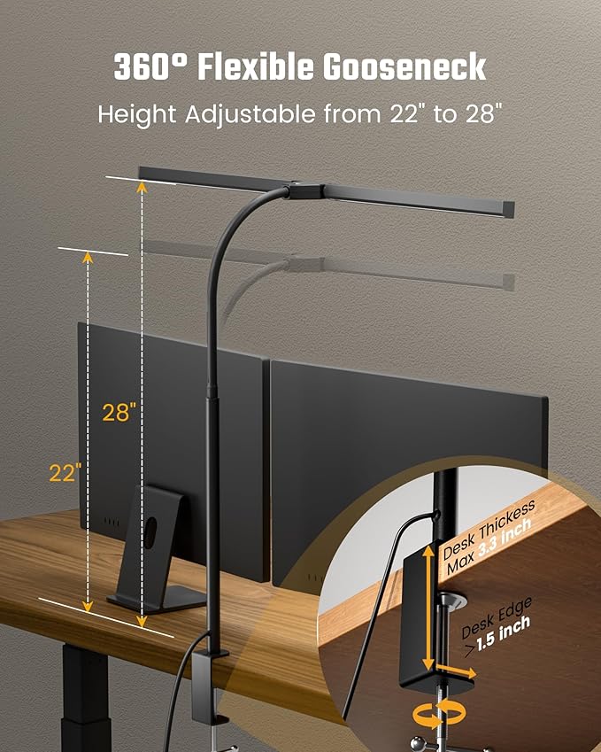 Eye-Caring Desk Lamp with Clamp, LED Desk Light Bar for Dual Monitors, Adjustable Gooseneck Table Lamp with 3 Color Modes, Smooth Dimming Office Desk Lamp for Home Office, Study, Computer Work