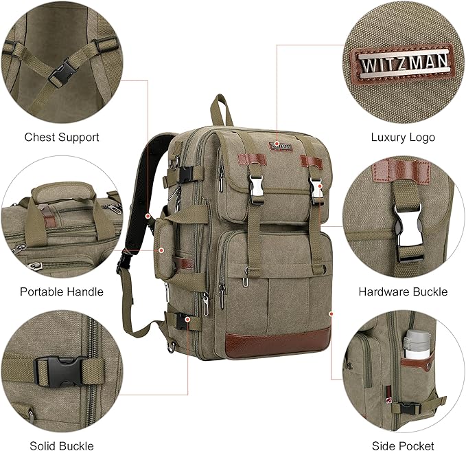 WITZMAN Canvas Travel Backpack for Men Large Laptop Backpack Fit 17 inch Carry-on Airline Approved Convertible Shoulder Rucksack(A6617-3 Army Green)