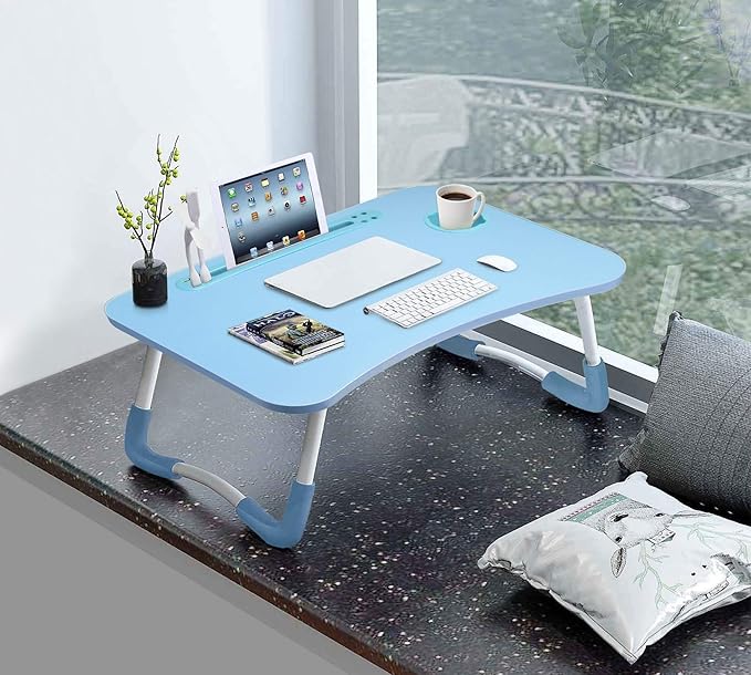 Slendor Lap Desk with Cup Holder, Foldable Laptop Table for Bed, Portable Bed Desk for Laptop and Writing, Computer Tray with Tablet Slot, Notebook Stand Reading Holder for Couch Sofa Floor,Blue