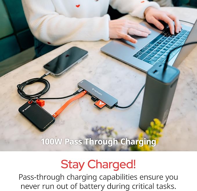 Verbatim USB-C Essentials Multiport Hub– 6 Ports: (3) USB-A 3.0/3.2 Gen 1, (1) USB-C 3.0/3.2 Gen 1, RJ45 Ethernet, 4K HDMI and Up to 100W Power Delivery