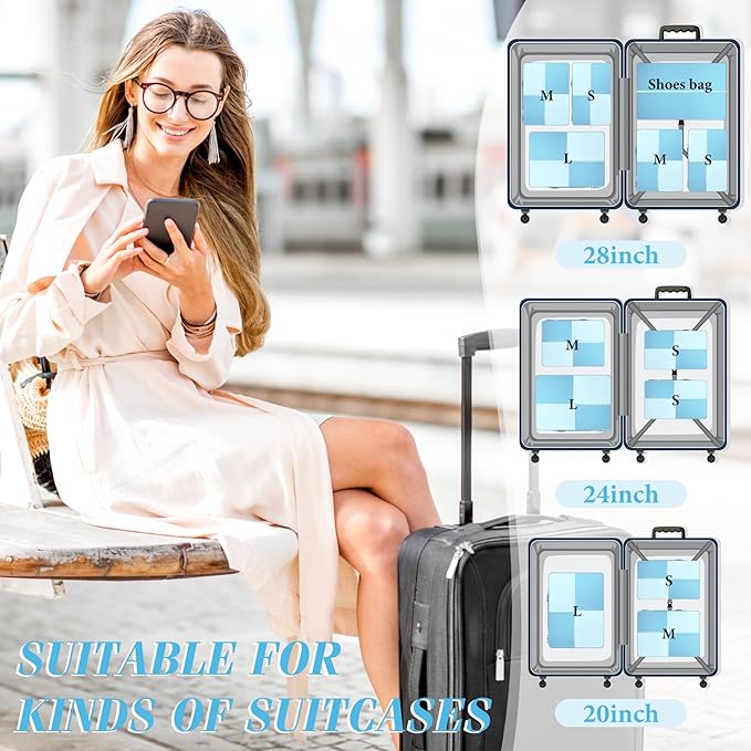 8 Set Compression Packing Cubes for Travel, Expandable Waterproof Travel Organizer, Lightweight Luggage Organizer with Shoes & Laundry Bags, Travel Accessories for Men Women, Light Blue