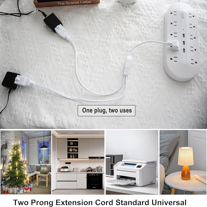 3FT Extension Cord Splitter- 2 Way Outlet Splitter Extension Cords 2 Prong with Flat Plug,Thin Design for Indoor/Outdoor Use, Christmas Lights & Home Appliances,White