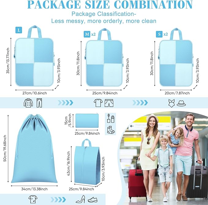 8 Set Compression Packing Cubes for Travel, Expandable Waterproof Travel Organizer, Lightweight Luggage Organizer with Shoes & Laundry Bags, Travel Accessories for Men Women, Light Blue