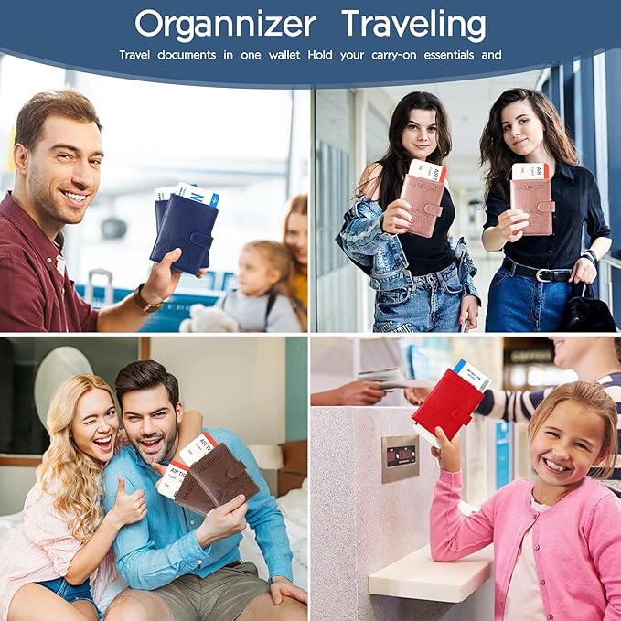 Passport Holder and Card Slot Combo RFID Blocking Leather Family Travel Passport Wallet Travel Accessories for Men Women US Passport Cover Protector (Travel red)