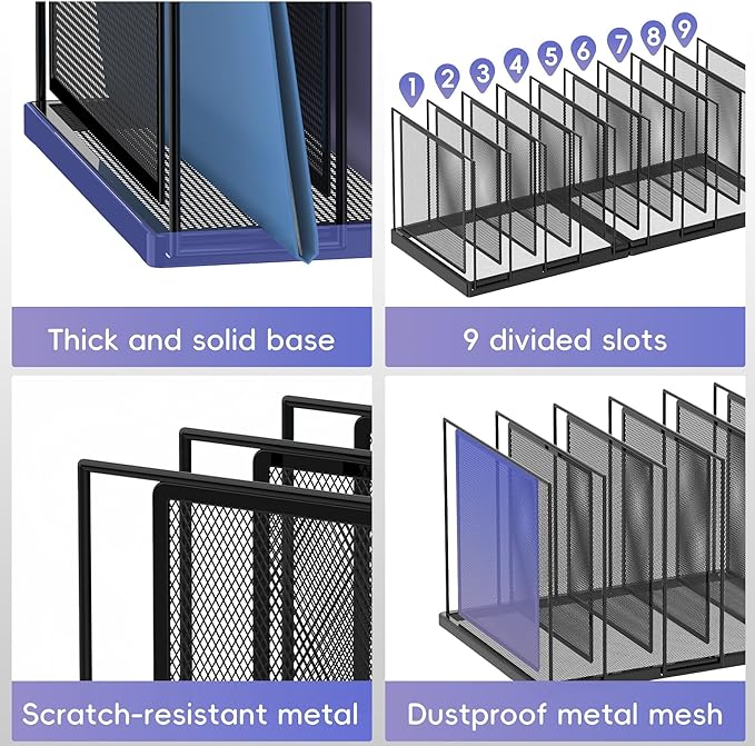9-Section Desk File Organizer, Vertical File Holder, Mesh Desktop File Folder Metal File Binder Organizer Stand for Office Home Classroom, Black