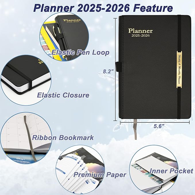 Day Planner 2025-2026, Hardcover Weekly & Monthly Planner from Jul 2025-Dec 2026, 18 Month Calendar 2025 with Tabs & Pocket, A5 Size, Black