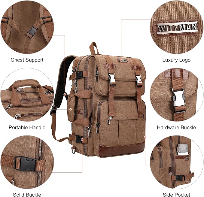 WITZMAN Canvas Travel Backpack for Men Large Laptop Backpack Fit 17 inch Carry-on Airline Approved Convertible Shoulder Rucksack(A6617-3 Brown)