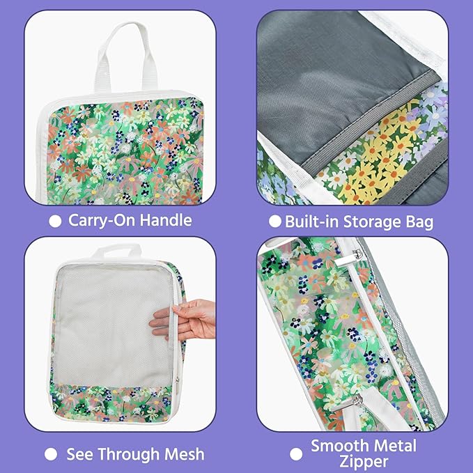 7 Pcs Compression Packing Cubes for Travel, Waterproof Suitcase Luggage Backpack Organizer with Toiletry Bag Travel Essentials for Women/Men-Flowers