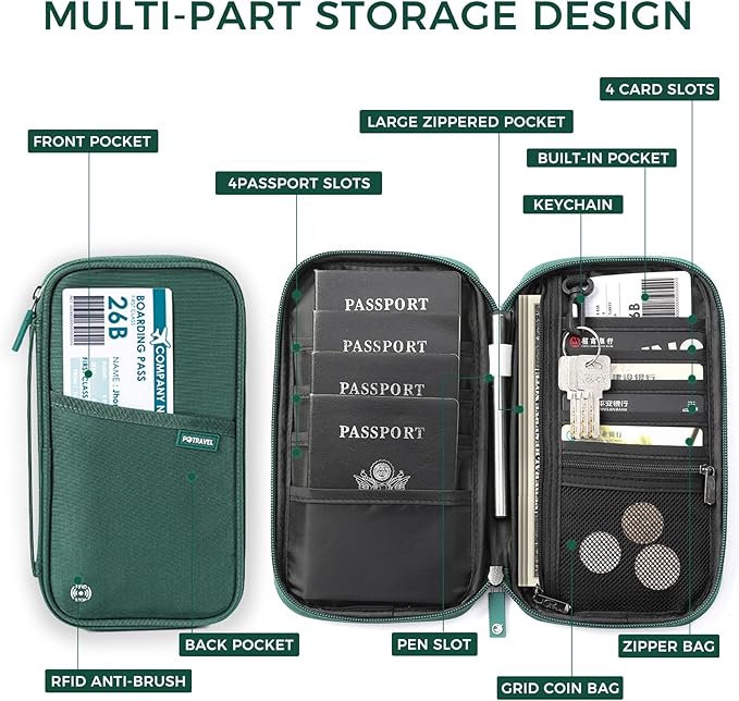 Travel Passport Holder, Large Family Passport Walle for Men Women RFID Passport Cover Lightweight Portable Document Organizer with Wrist Strap (Green)