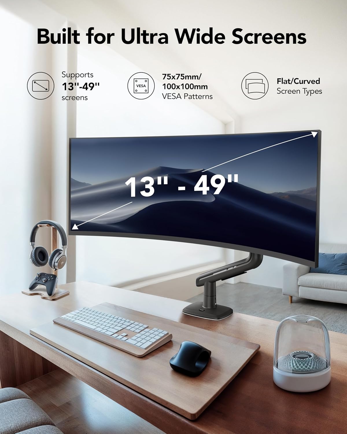 HUANUO TitanLift™ Heavy Duty Monitor Arm for Ultrawide Screens up to 49", Holds 40 lbs, Aluminum Ultrawide Screen Desk Mount, Fully Adjustable Single Monitor Mount with Dual C-Clamp, Max VESA 100x100