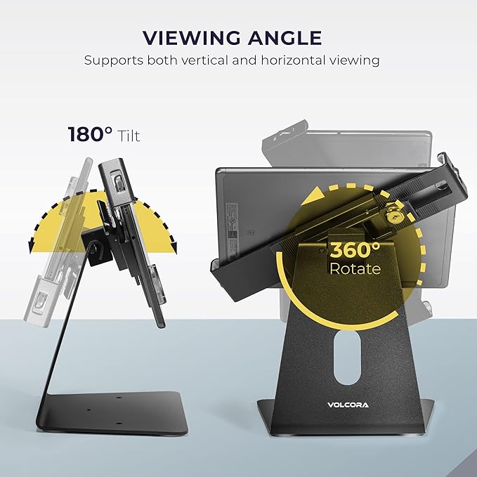 Volcora Anti-Theft Tablet Stand iPad Security Holder with Lock, Black 10-13 Inch Kiosk Stand Mount, Swivel, Adjustable, for iPad Pro, Air, POS Register, Retail Business, Checkout, Cashier