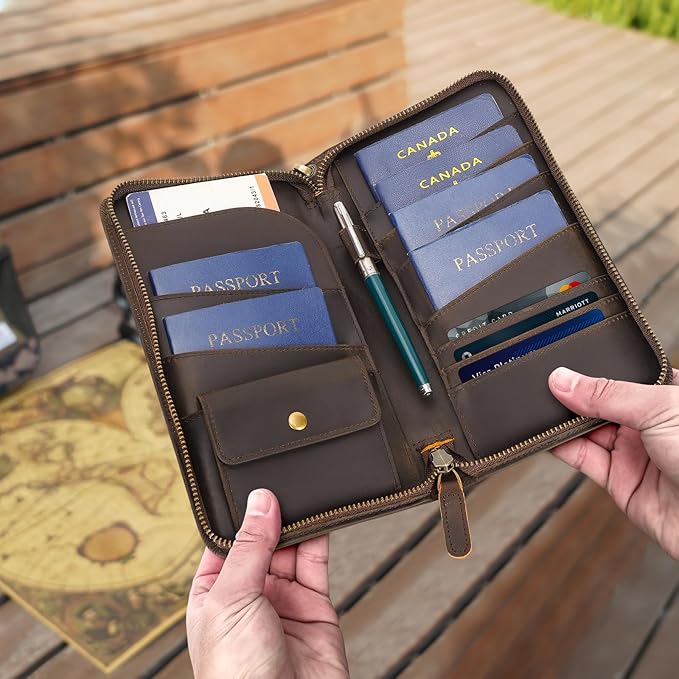 Polare Full Grain Leather Family Passport Holder Travel Documents Organizer RFID Blocking Wallet with Coin Pouch and AirTag Slot Fits 6 Passports