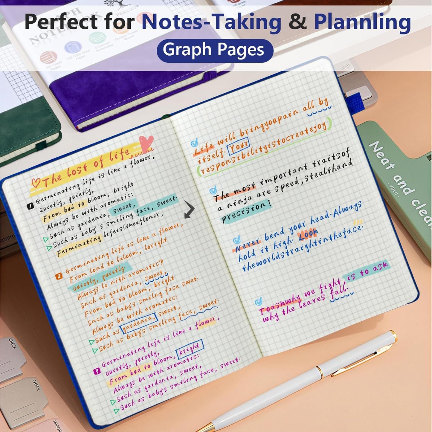 PERCUN Graph Paper Notebook, 160 Pages Grid Journal for women & men, A5 Hardcover Leather Graphing Notebook for School, Work, Travel, Note Taking 5.9”x8.5” (Navy)