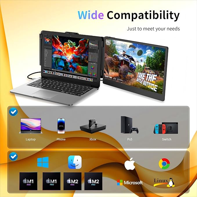 Laptop Screen Extender Portable Monitor, Dual Monitor Extender for Laptop, 14.1" Screen 1080P FHD Display, Fit for 13-17" Laptops, Plug & Play Compatiable with Win/Mac/Chrome/Android/Switch