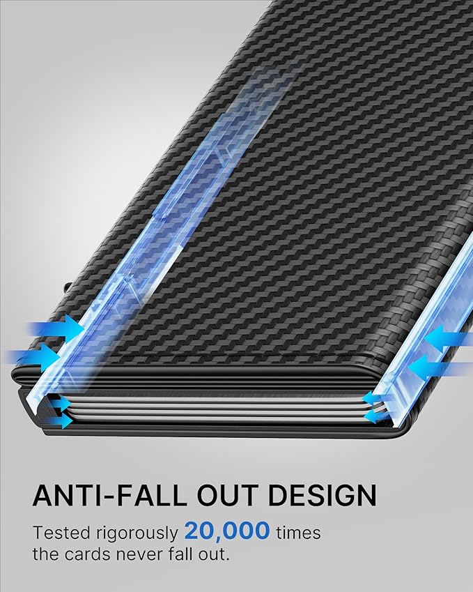 typecase Mens Wallet Card Holder: Pop Up Aluminum Case, Genuine Leather, Smart, RFID Blocking, Slim, Minimalist, Front Pocket - 9-14 Card Capacity | ID Window | Cash Slot (Carbon Fiber Navy)