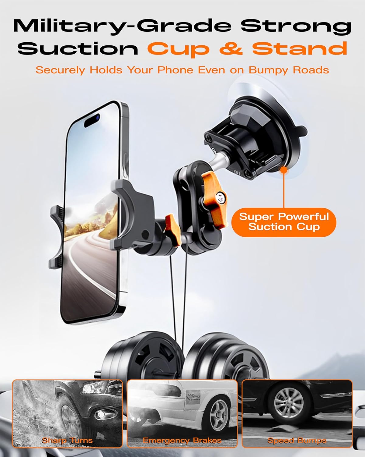 chubbycable ChubbyGrip Pro Dash Mount Premium Metal Knobs Phone Holders for Your Car 360° Rotation Suction Cup Phone Mount for Windshield, Clamp, Orange