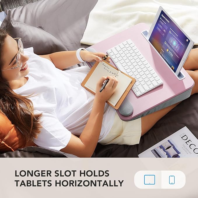 HUANUO Lap Laptop Desk - Portable Lap Desk with Cushion, Fits up to 15.6 inch Laptop, Anti-Slip & Storage Function - Pink
