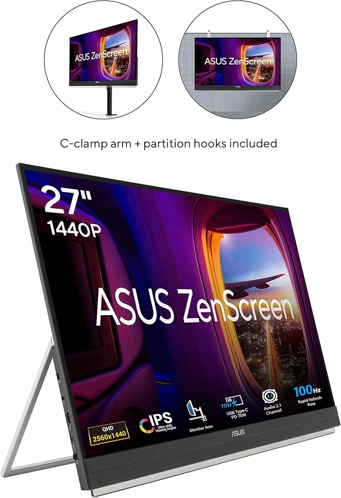 ASUS ZenScreen 27” 1440P Transportable Monitor (MB27ACF) - QHD (2560 x 1440), IPS, 100Hz, USB-C PD 70W, Speakers, Carrying Handle, Kickstand, C-clamp, Sub-woofer, 2.1 Channel Audio, 3 yr Warranty