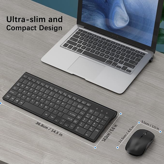 Rechargeable Wireless Keyboard and Mouse Combo- J JOYACCESS 2.4G Compact Quiet Slim Wireless Keyboard Mouse Combo for Laptop,PC,Desktop,Computer,Windows- Black