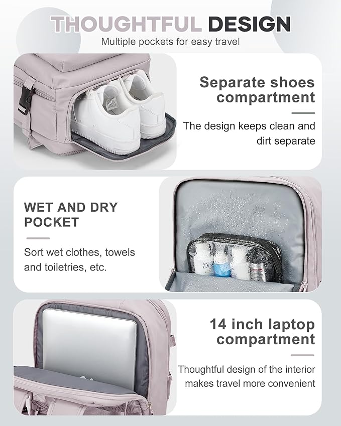 VECAVE Carry On Backpack for Women,Large Travel Backpack Flight Approved,Waterproof 14 Inch Laptop Backpack Business Work Backpacks Men Mochila De Viaje LotusPink