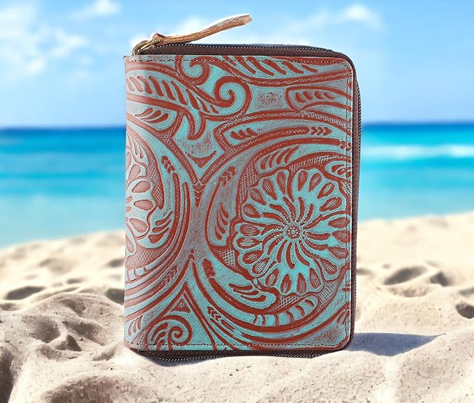 Passport Wallet - Travel Document Holder w/RFID Blocking – Full Grain Leather – Bifold compact zip around Wallet with Credit Card Slots for Women and Men,Turquoise floral,500-50