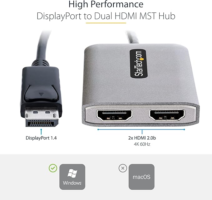 StarTech.com DP to Dual HDMI MST HUB - Dual HDMI 4K 60Hz - DisplayPort Multi Monitor Adapter with 1ft / 30cm Cable - DP 1.4 Multi Stream Transport Hub, DSC | HBR3 - DP to HDMI Splitter (MST14DP122HD)