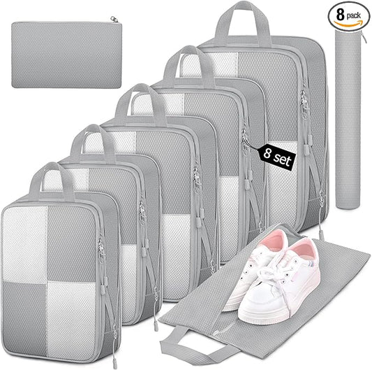 8 Set Compression Packing Cubes for Travel, Expandable Waterproof Travel Organizer, Lightweight Luggage Organizer with Shoes & Laundry Bags, Travel Accessories for Men Women, Grey