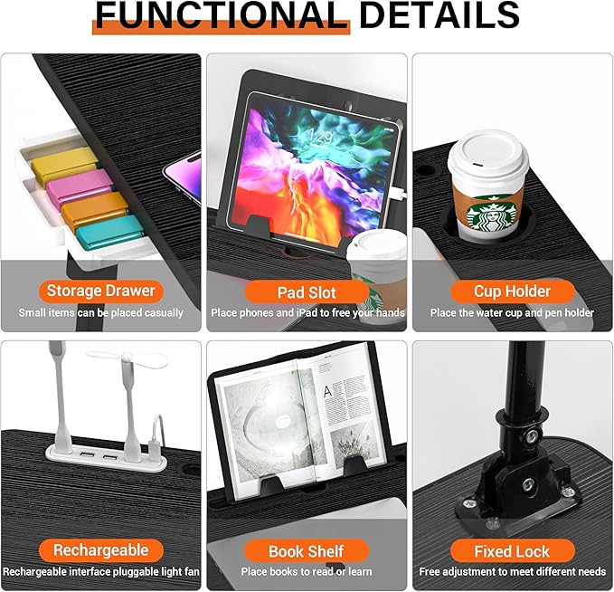 Laptop Desk for Bed Height Adjustable, Lap Bed Table with USB/Storage Drawer/Cup Holder/Tablet Stand/Book Shelf, Foldable Breakfast Tray Portable for Reading Writing, Sofa & Floor, Black