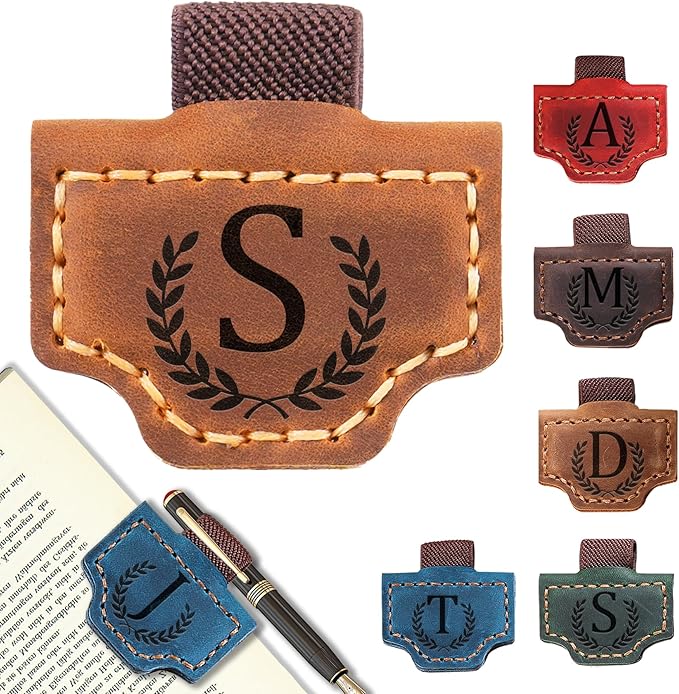 Personalized Bygone Mark Bookmark with Pen Holder, Leather Magnetic Bookmark 26 Letters Name Initial Bookmarks for Readers, Book Lover Gifts for Women Men Notebook Accessories (Brown, S)