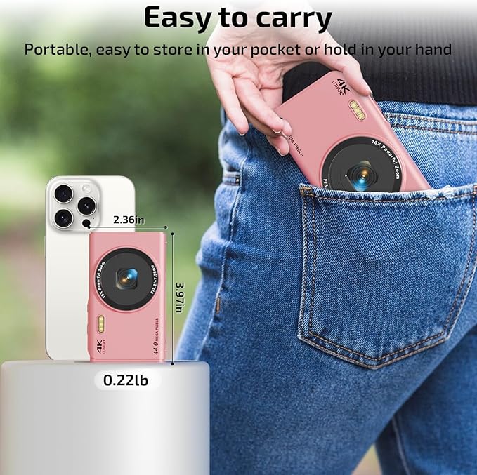 Digital Camera, FHD 4K 44MP Autofocus Point and Shoot Camera with 2.4" LCD 16X Zoom Portable Compact Cheap Camera for Teens Boys Girls Kids Adults (Pink)
