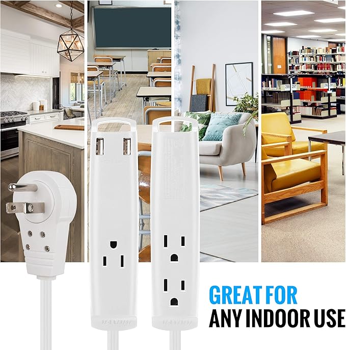 Extension Cord with USB Ports 1FT, 360° Rotating Flat Plug Extension Cord, 3-Outlet with USB Ports (2 Ports), 3 Prong Extension Cord, Grounded Extension Cord (White) UL Certified