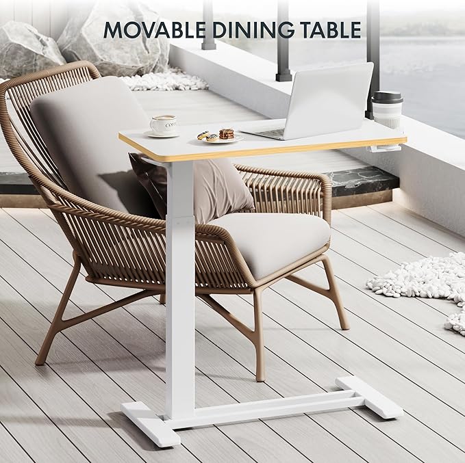 FLEXISPOT H7 Adjustable Overbed Bedside Table with Wheels Pneumatic Mobile Standing Desk Laptop Desk Rolling Computer Cart Movable Overbed Table Hospital Home Use(27.6" W x 15.7" D, White Maple)