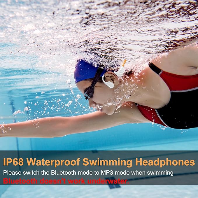 Bone Conduction Bluetooth Headphones-SurfAudio, IP68 Waterproof Swimming Headphones with 32GB MP3 Player, Lightweight Open Ear Design for Swimming/Surfing/Marathon/Cycling((Beige Orange)